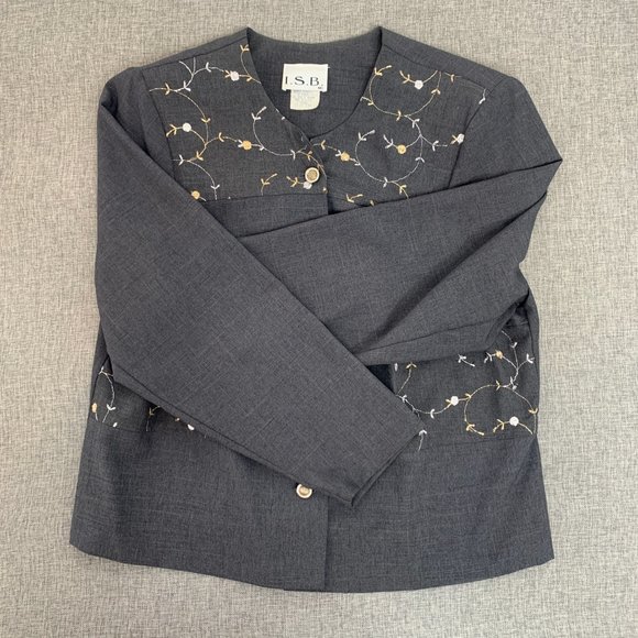 I.S.B. inc Vintage Gray Button Down Jacket 18W Shoulder Pads Beautiful Floral - Picture 10 of 14